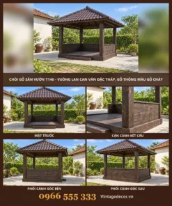 Chòi Gỗ Sân Vườn T146 - Vuông Lan Can Ván Đặc Thấp, Gỗ Thông Màu Gỗ Cháy