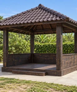 Chòi Gỗ Sân Vườn T146 - Vuông Lan Can Ván Đặc Thấp, Gỗ Thông Màu Gỗ Cháy