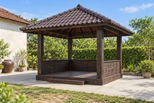 Chòi Gỗ Sân Vườn T146 - Vuông Lan Can Ván Đặc Thấp, Gỗ Thông Màu Gỗ Cháy