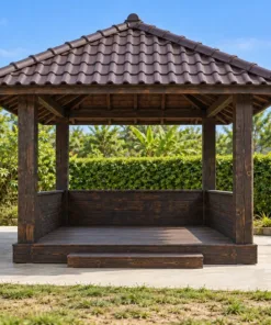 Chòi Gỗ Sân Vườn T146 - Vuông Lan Can Ván Đặc Thấp, Gỗ Thông Màu Gỗ Cháy