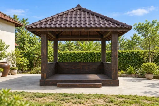 Chòi Gỗ Sân Vườn T146 - Vuông Lan Can Ván Đặc Thấp, Gỗ Thông Màu Gỗ Cháy