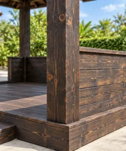 Chòi Gỗ Sân Vườn T146 - Vuông Lan Can Ván Đặc Thấp, Gỗ Thông Màu Gỗ Cháy