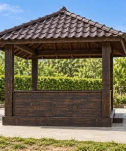 Chòi Gỗ Sân Vườn T146 - Vuông Lan Can Ván Đặc Thấp, Gỗ Thông Màu Gỗ Cháy