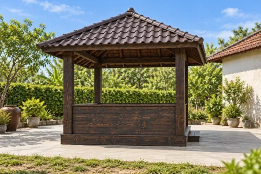 Chòi Gỗ Sân Vườn T146 - Vuông Lan Can Ván Đặc Thấp, Gỗ Thông Màu Gỗ Cháy