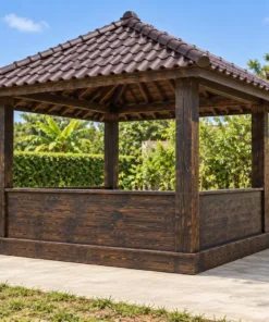Chòi Gỗ Sân Vườn T146 - Vuông Lan Can Ván Đặc Thấp, Gỗ Thông Màu Gỗ Cháy