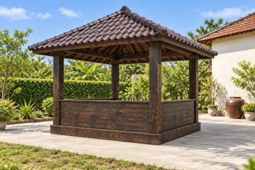 Chòi Gỗ Sân Vườn T146 - Vuông Lan Can Ván Đặc Thấp, Gỗ Thông Màu Gỗ Cháy