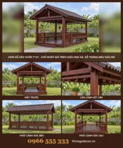 Chòi Gỗ Sân Vườn T147 - Chữ Nhật Giá Treo Chậu Dọc Xà, Gỗ Thông Màu Nâu Đỏ