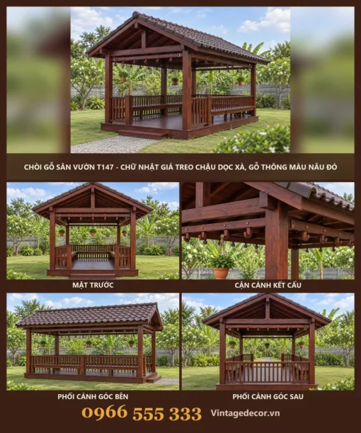 Chòi Gỗ Sân Vườn T147 - Chữ Nhật Giá Treo Chậu Dọc Xà, Gỗ Thông Màu Nâu Đỏ Chòi Gỗ Sân Vườn T147 - Chữ Nhật Giá Treo Chậu Dọc Xà, Gỗ Thông Màu Nâu Đỏ