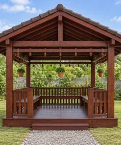 Chòi Gỗ Sân Vườn T147 - Chữ Nhật Giá Treo Chậu Dọc Xà, Gỗ Thông Màu Nâu Đỏ