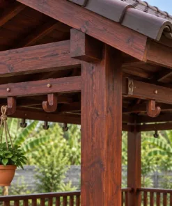 Chòi Gỗ Sân Vườn T147 - Chữ Nhật Giá Treo Chậu Dọc Xà, Gỗ Thông Màu Nâu Đỏ