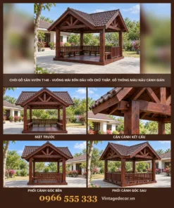 Chòi Gỗ Sân Vườn T148 - Vuông Mái Bốn Đầu Hồi Chữ Thập, Gỗ Thông Màu Nâu Cánh Gián