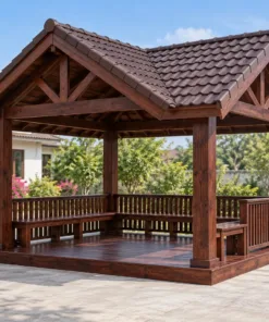 Chòi Gỗ Sân Vườn T148 - Vuông Mái Bốn Đầu Hồi Chữ Thập, Gỗ Thông Màu Nâu Cánh Gián
