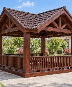Chòi Gỗ Sân Vườn T148 - Vuông Mái Bốn Đầu Hồi Chữ Thập, Gỗ Thông Màu Nâu Cánh Gián