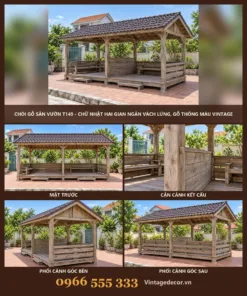 Chòi Gỗ Sân Vườn T149 - Chữ Nhật Hai Gian Ngăn Vách Lửng, Gỗ Thông Màu Vintage