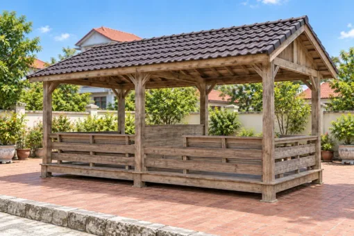 Chòi Gỗ Sân Vườn T149 - Chữ Nhật Hai Gian Ngăn Vách Lửng, Gỗ Thông Màu Vintage