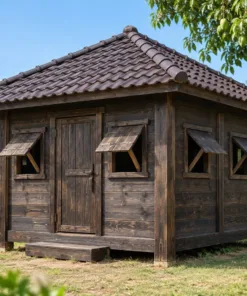Chòi Gỗ Sân Vườn T150 - Bốn Mặt Vách Ván Cửa Sổ Cánh Chống, Gỗ Thông Màu Gỗ Cháy