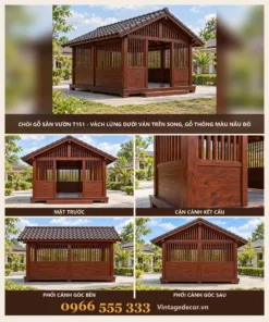 Chòi Gỗ Sân Vườn T151 - Vách Lửng Dưới Ván Trên Song, Gỗ Thông Màu Nâu Đỏ
