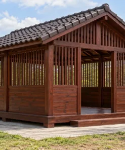 Chòi Gỗ Sân Vườn T151 - Vách Lửng Dưới Ván Trên Song, Gỗ Thông Màu Nâu Đỏ