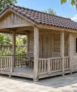 Chòi Gỗ Sân Vườn T153 - Một Phòng Nhỏ Có Hiên Ngồi Phía Trước, Gỗ Thông Màu Vintage