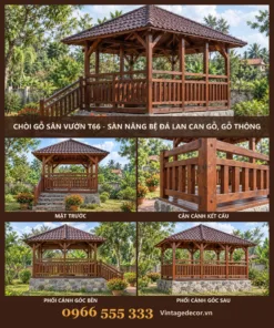 Chòi Gỗ Sân Vườn T66 - Sàn Nâng Bệ Đá Lan Can Gỗ, Gỗ Thông