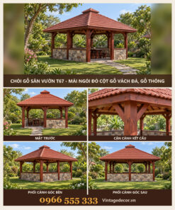 Chòi Gỗ Sân Vườn T67 - Mái Ngói Đỏ Cột Gỗ Vách Đá, Gỗ Thông