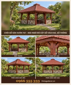 Chòi Gỗ Sân Vườn T67 - Mái Ngói Đỏ Cột Gỗ Vách Đá, Gỗ Thông