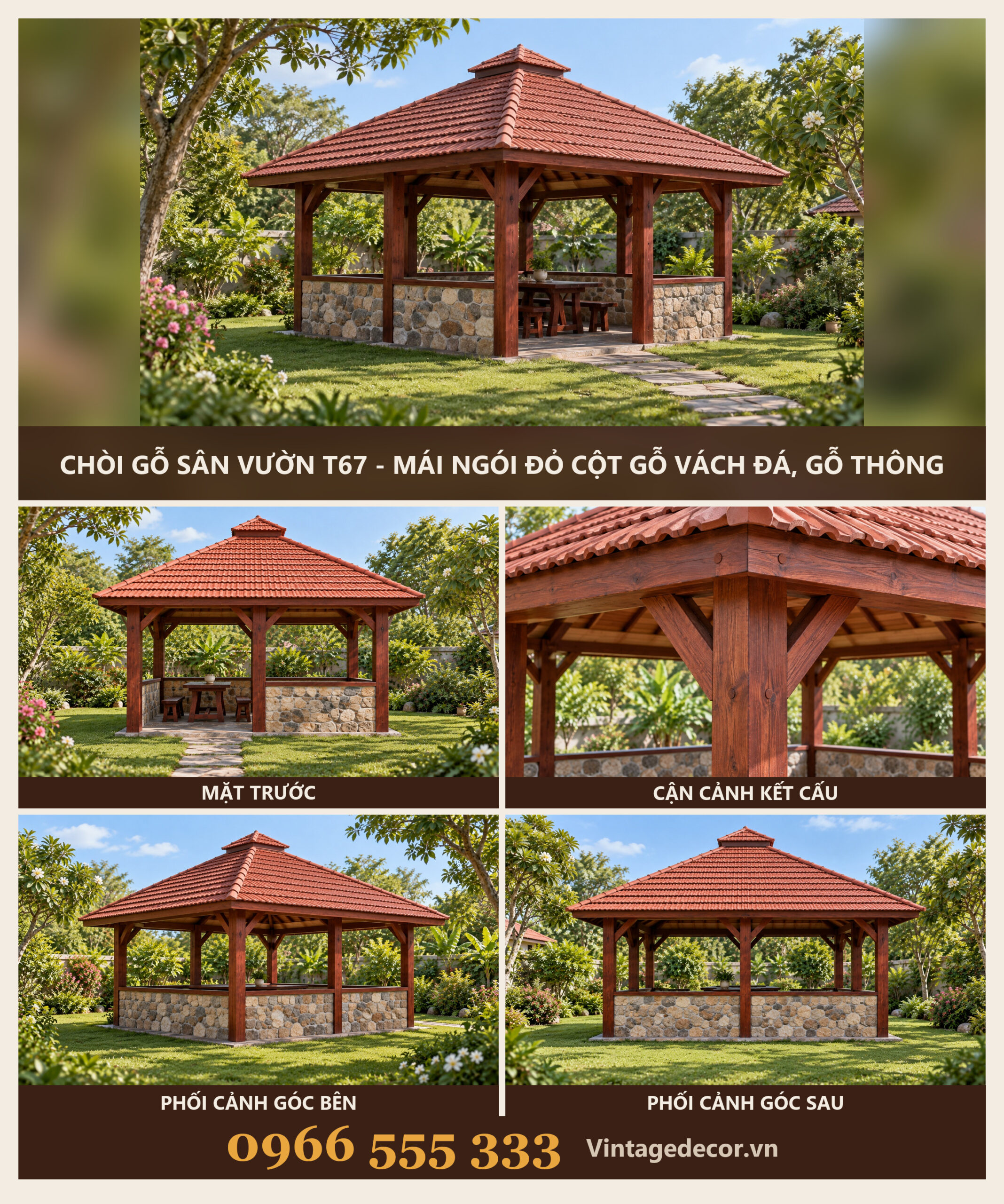 Chòi Gỗ Sân Vườn T67 - Mái Ngói Đỏ Cột Gỗ Vách Đá, Gỗ Thông Chòi Gỗ Sân Vườn T67 - Mái Ngói Đỏ Cột Gỗ Vách Đá, Gỗ Thông