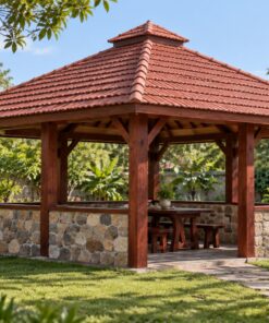 Chòi Gỗ Sân Vườn T67 - Mái Ngói Đỏ Cột Gỗ Vách Đá, Gỗ Thông