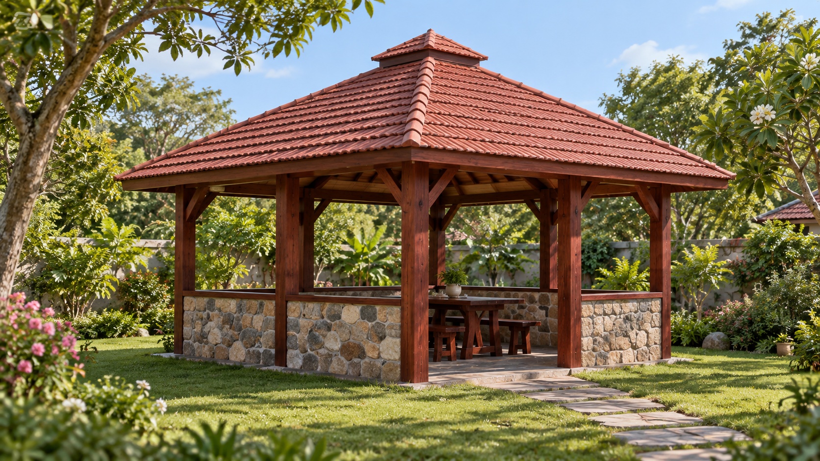 Chòi Gỗ Sân Vườn T67 - Mái Ngói Đỏ Cột Gỗ Vách Đá, Gỗ Thông Chòi Gỗ Sân Vườn T67 - Mái Ngói Đỏ Cột Gỗ Vách Đá, Gỗ Thông