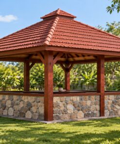 Chòi Gỗ Sân Vườn T67 - Mái Ngói Đỏ Cột Gỗ Vách Đá, Gỗ Thông