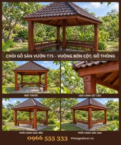 Chòi Gỗ Sân Vườn T75 - Vuông Bốn Cột, Gỗ Thông