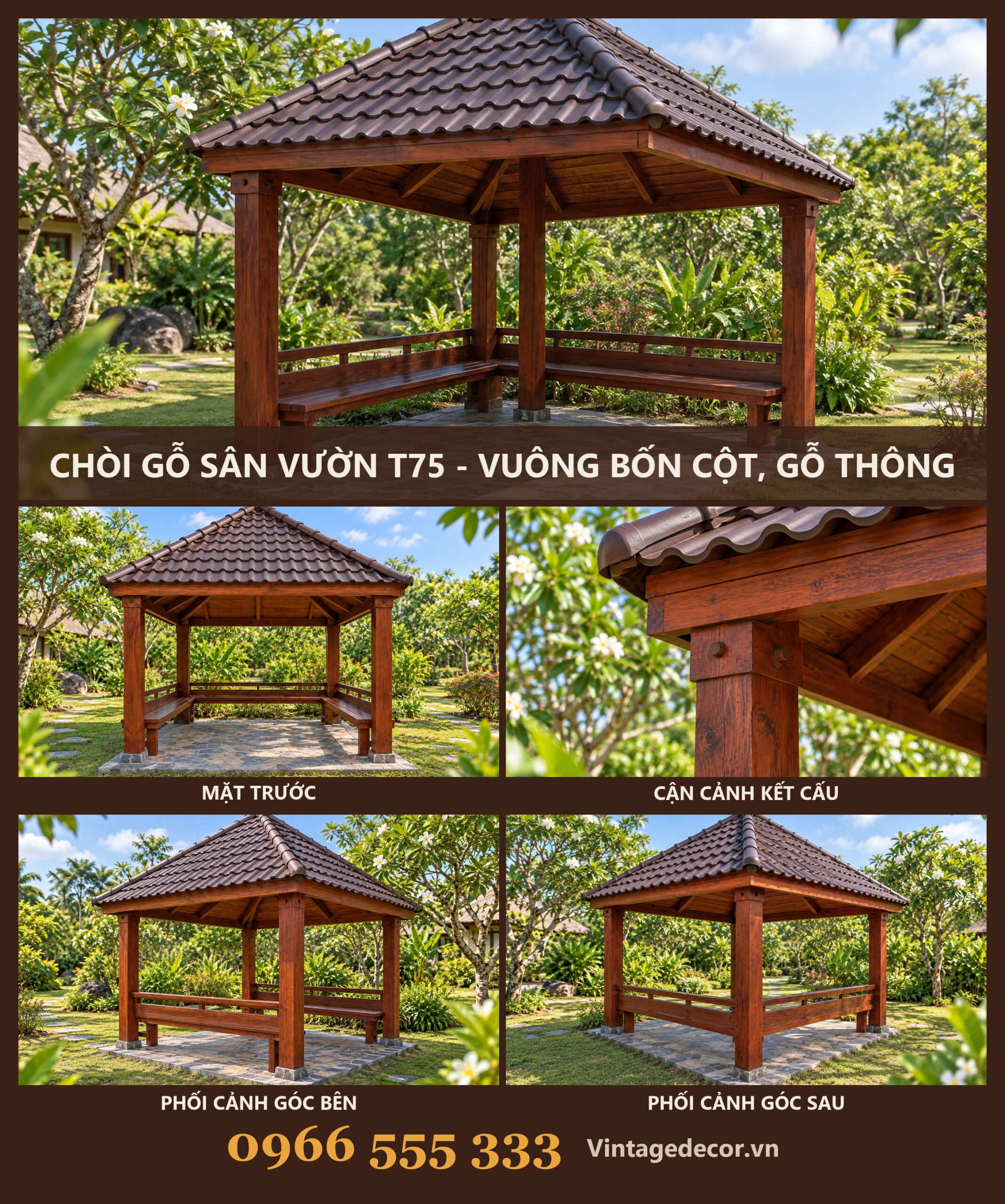 Chòi Gỗ Sân Vườn T75 - Vuông Bốn Cột, Gỗ Thông Chòi Gỗ Sân Vườn T75 - Vuông Bốn Cột, Gỗ Thông