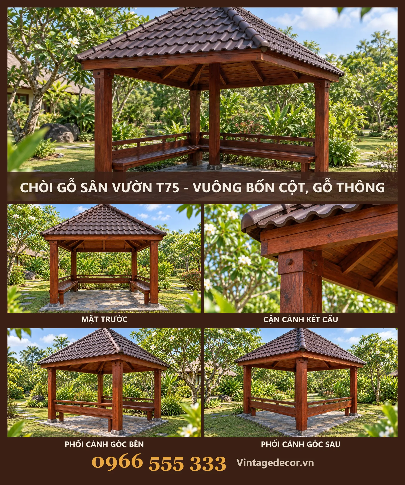 Chòi Gỗ T75 Vuông Bốn Cột