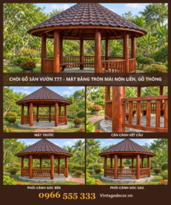 Chòi Gỗ Sân Vườn T77 - Mặt Bằng Tròn Mái Nón Liền, Gỗ Thông