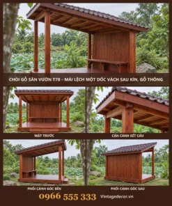 Chòi Gỗ Sân Vườn T78 - Mái Lệch Một Dốc Vách Sau Kín, Gỗ Thông