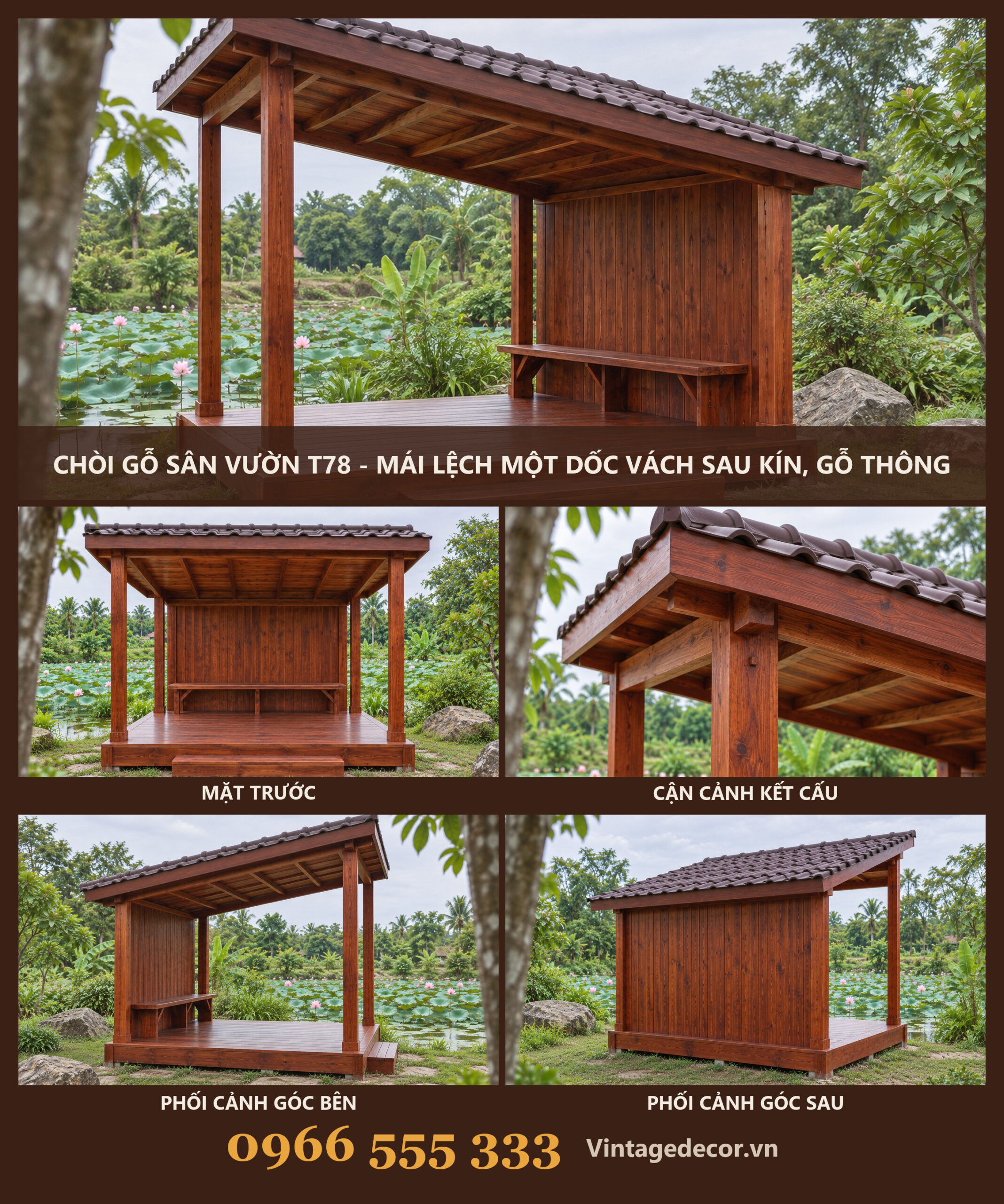 Chòi Gỗ Sân Vườn T78 - Mái Lệch Một Dốc Vách Sau Kín, Gỗ Thông Chòi Gỗ Sân Vườn T78 - Mái Lệch Một Dốc Vách Sau Kín, Gỗ Thông
