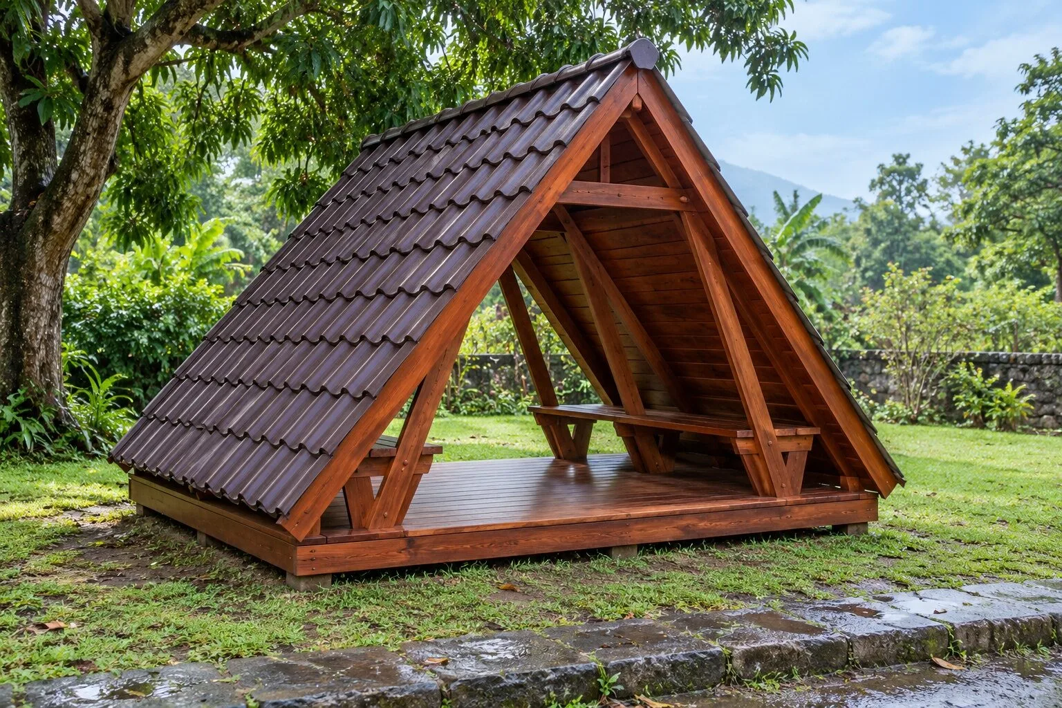 Chòi gỗ T79 chữ A nhìn chéo dưới gốc cây lớn, hai mái ngói kéo xuống chạm sàn, ghế băng bên trong