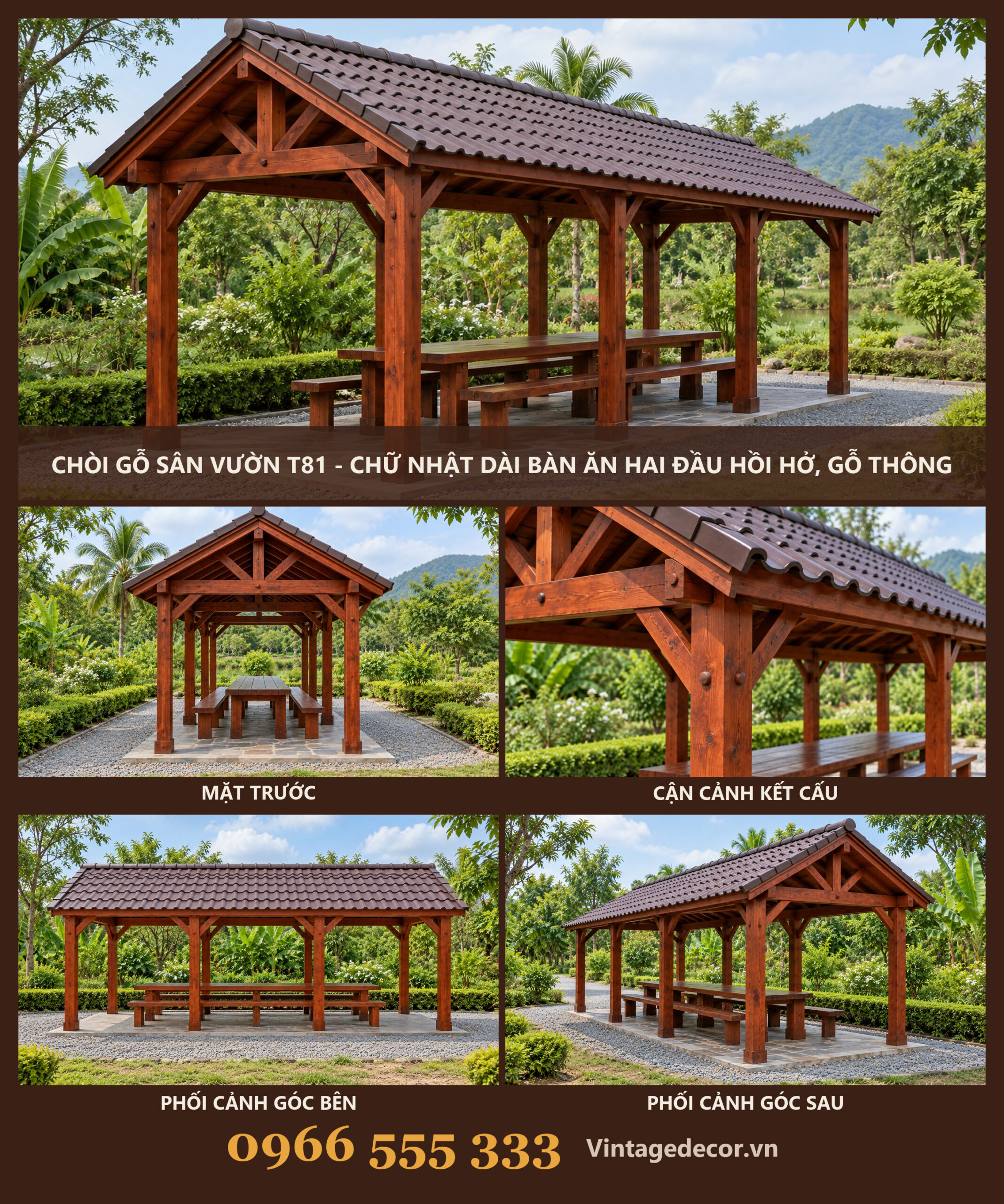 Chòi Gỗ Sân Vườn T81 - Chữ Nhật Dài Bàn Ăn Hai Đầu Hồi Hở, Gỗ Thông Chòi Gỗ Sân Vườn T81 - Chữ Nhật Dài Bàn Ăn Hai Đầu Hồi Hở, Gỗ Thông