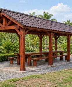 Chòi Gỗ Sân Vườn T81 - Chữ Nhật Dài Bàn Ăn Hai Đầu Hồi Hở, Gỗ Thông