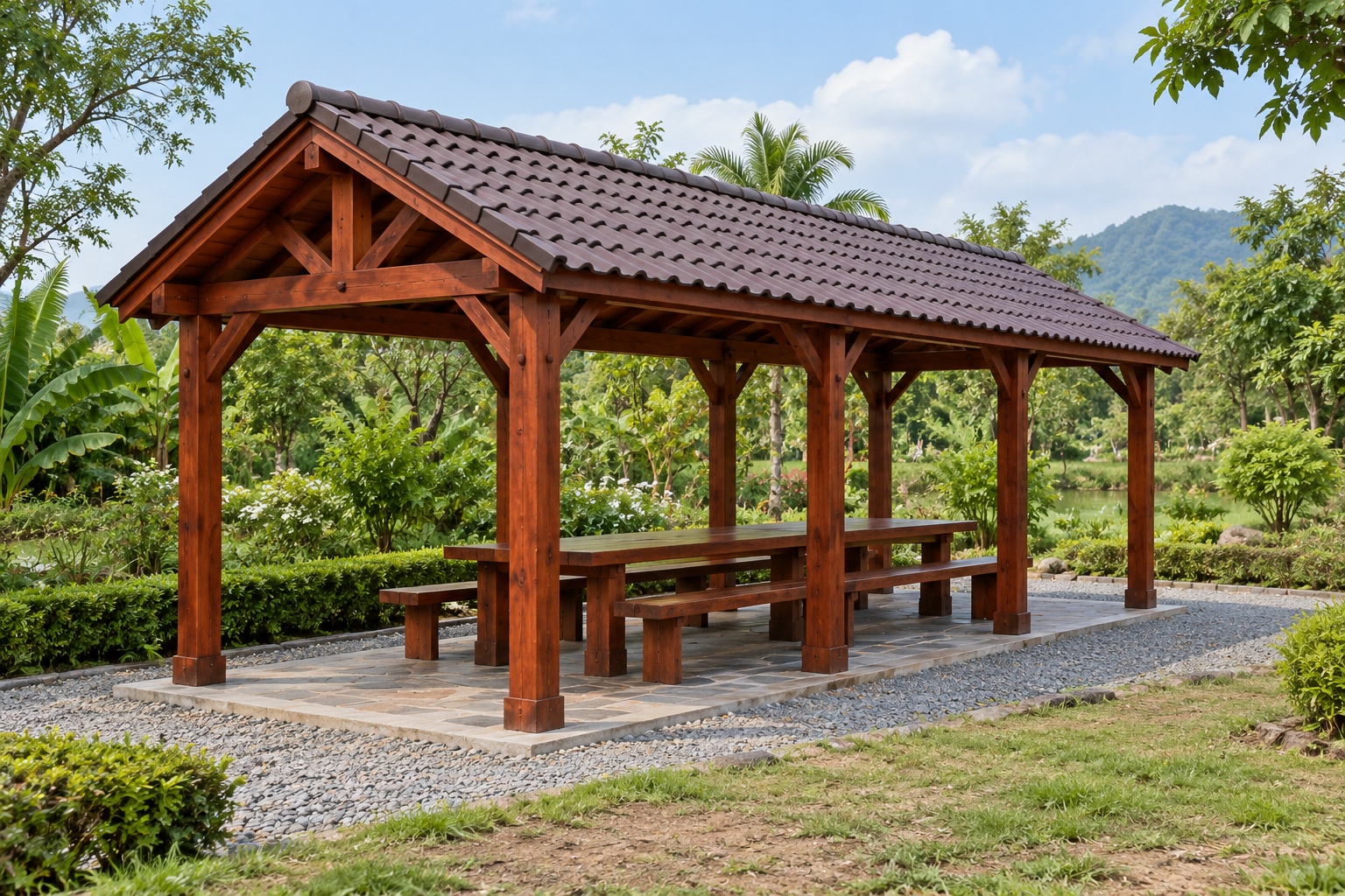 Chòi Gỗ Sân Vườn T81 - Chữ Nhật Dài Bàn Ăn Hai Đầu Hồi Hở, Gỗ Thông Chòi Gỗ Sân Vườn T81 - Chữ Nhật Dài Bàn Ăn Hai Đầu Hồi Hở, Gỗ Thông