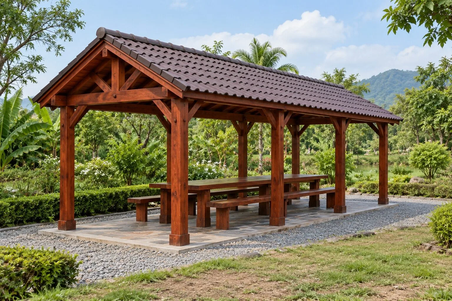 Chòi gỗ T81 mái ngói hai dốc trên nền đá, bên dưới một bàn dài và ghế băng hai bên, xung quanh là vườn cây