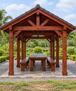 Chòi Gỗ Sân Vườn T81 - Chữ Nhật Dài Bàn Ăn Hai Đầu Hồi Hở, Gỗ Thông