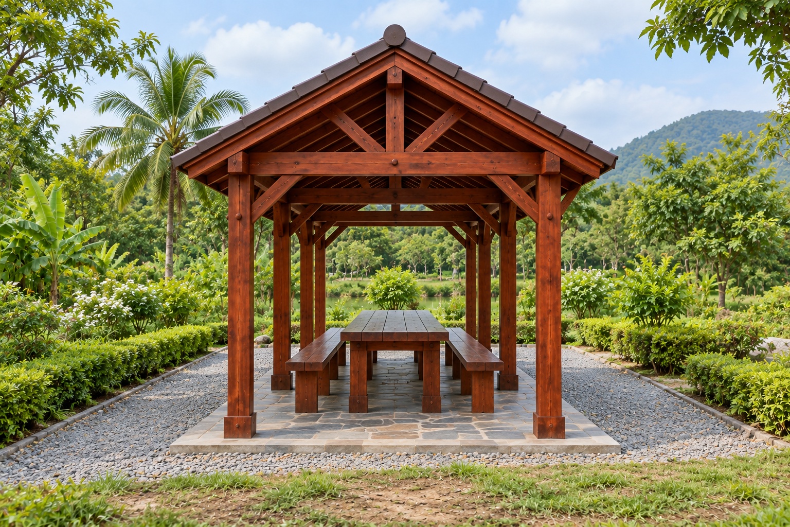 Chòi Gỗ Sân Vườn T81 - Chữ Nhật Dài Bàn Ăn Hai Đầu Hồi Hở, Gỗ Thông Chòi Gỗ Sân Vườn T81 - Chữ Nhật Dài Bàn Ăn Hai Đầu Hồi Hở, Gỗ Thông