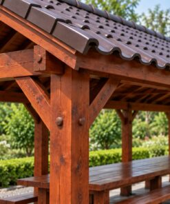 Chòi Gỗ Sân Vườn T81 - Chữ Nhật Dài Bàn Ăn Hai Đầu Hồi Hở, Gỗ Thông