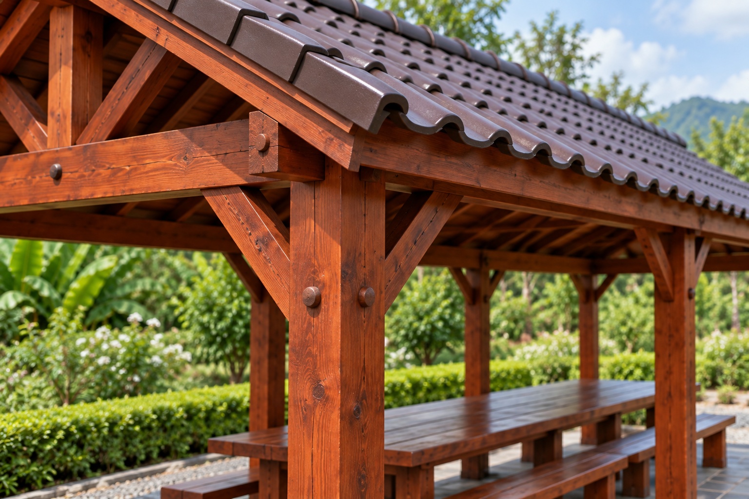 Chòi Gỗ Sân Vườn T81 - Chữ Nhật Dài Bàn Ăn Hai Đầu Hồi Hở, Gỗ Thông Chòi Gỗ Sân Vườn T81 - Chữ Nhật Dài Bàn Ăn Hai Đầu Hồi Hở, Gỗ Thông