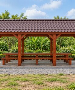 Chòi Gỗ Sân Vườn T81 - Chữ Nhật Dài Bàn Ăn Hai Đầu Hồi Hở, Gỗ Thông