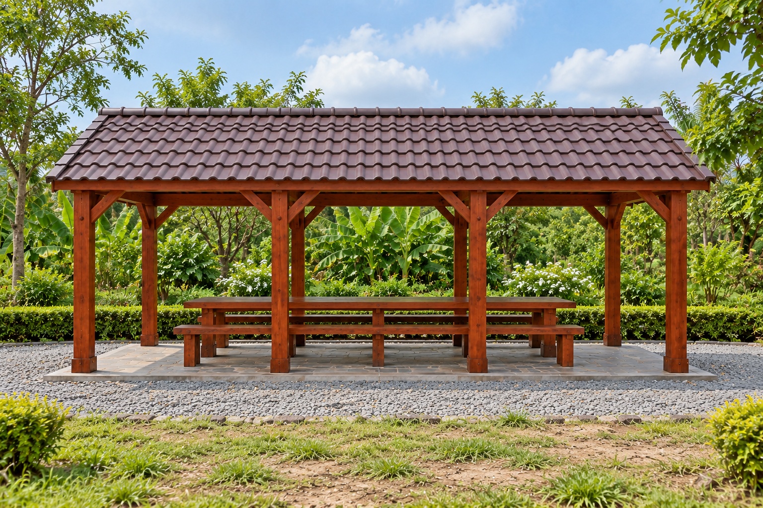 Chòi Gỗ Sân Vườn T81 - Chữ Nhật Dài Bàn Ăn Hai Đầu Hồi Hở, Gỗ Thông Chòi Gỗ Sân Vườn T81 - Chữ Nhật Dài Bàn Ăn Hai Đầu Hồi Hở, Gỗ Thông