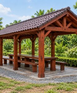 Chòi Gỗ Sân Vườn T81 - Chữ Nhật Dài Bàn Ăn Hai Đầu Hồi Hở, Gỗ Thông