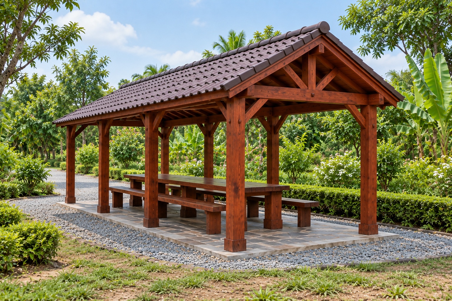 Chòi Gỗ Sân Vườn T81 - Chữ Nhật Dài Bàn Ăn Hai Đầu Hồi Hở, Gỗ Thông Chòi Gỗ Sân Vườn T81 - Chữ Nhật Dài Bàn Ăn Hai Đầu Hồi Hở, Gỗ Thông