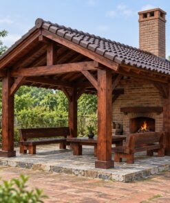 Chòi Gỗ Sân Vườn T82 - Lò Sưởi Ống Khói Gạch Một Đầu Hồi, Gỗ Thông